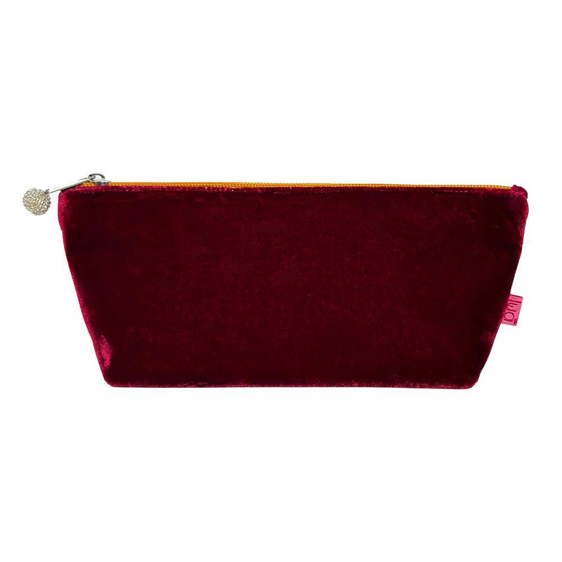 Lua - Velvet Slim Cosmetic Purse/Pencil Case 22 x 10cms - Dark Red/Orange Zip