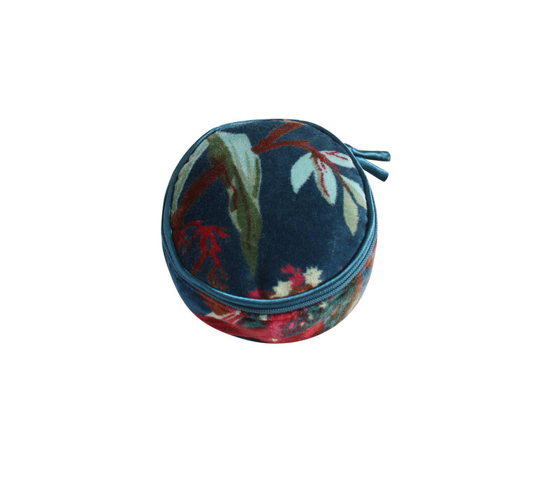 Earth Squared - Round Jewellery Pouch - Eden Velvet - Teal Blue Botanical - 10x10x5cms