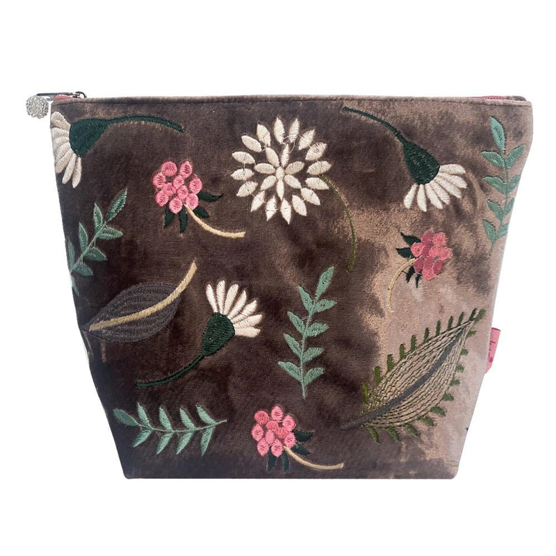 Lua - Large Velvet Cosmetic Make Up Bag/Purse - Folk Garden - 19 x 25cms - Mink Brown