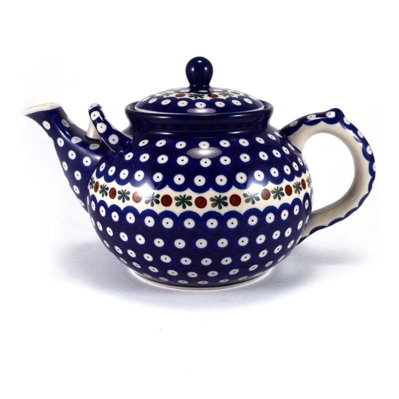 Extra Large Teapot - Flower Tendril/Blue With Red & White Spots - 1.8 Litre - 0444-0070X- Polish Pottery