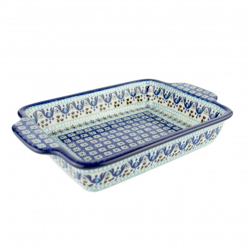 Oven Dish With Handles - Blue Squares & Flowers - 16.5 x 21 x 5cms - A39-1026X - Polish Pottery