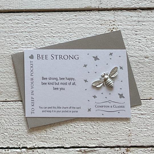 Bee Strong - Bee Keeper Pocket Charm - Pewter Bee (White Card)