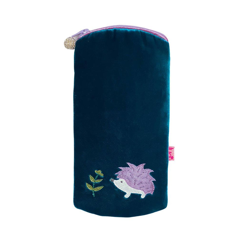 Lua - Velvet Spectacle/Glasses Case - Appliqued Hedgehog - 9.5 x 19cms - Dark Turquoise Blue/Lilac Zip