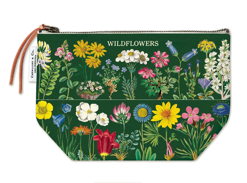 Cavallini - 100% Natural Cotton Vintage Pouch Bag - 15x22cms - Wildflowers (Dark Green)