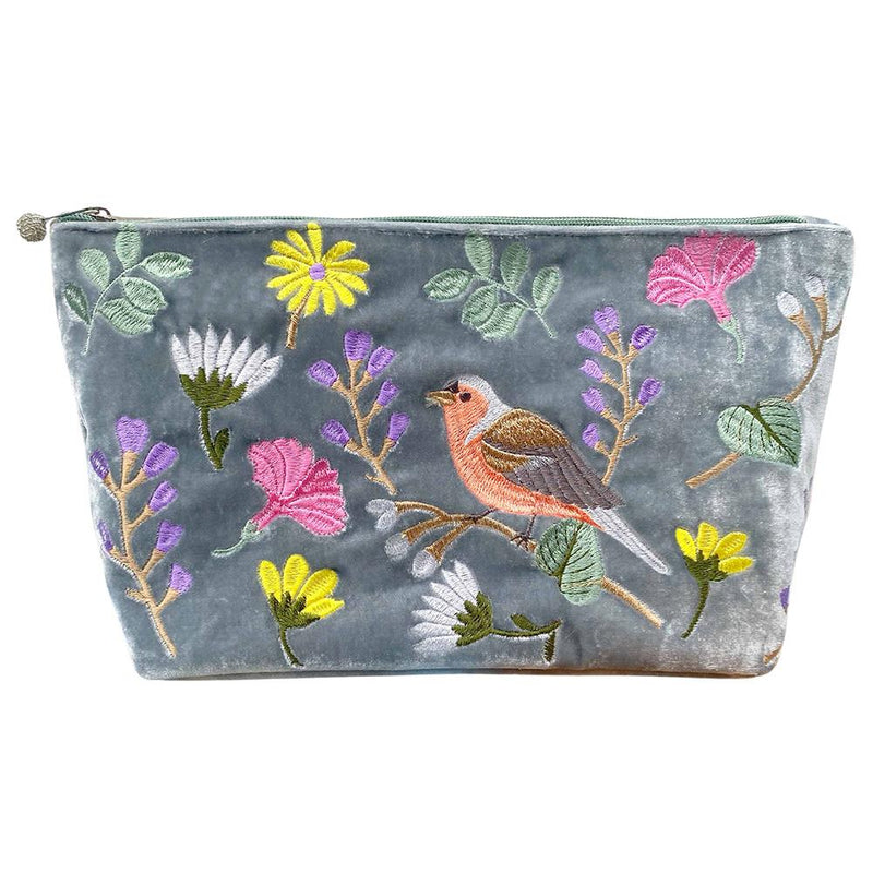 Lua - Extra Large Velvet Cosmetic Make Up Bag/Purse - Finch Bird & Flowers - 18 x 14cms - Pale Blue/Grey
