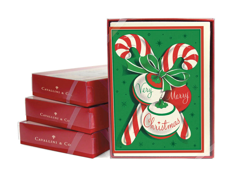 Cavallini - 10 x Glitter Greetings Christmas Cards/Notes - Candy Canes & Christmas Baubles