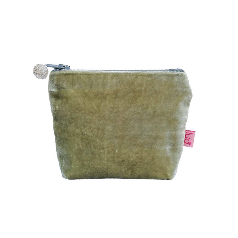 Lua - Velvet Mini Coin Purse  9 x 11cms - Matt Green/Grey Zip