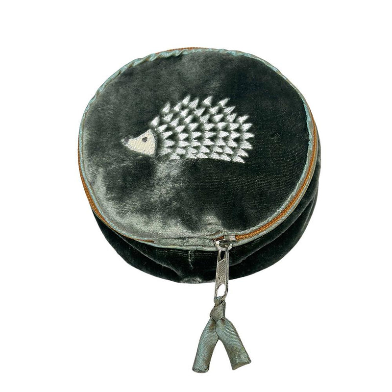 Lua - Round Velvet Jewellery Pouch - Hedgehog - Dark Sage Green & Light Grey - 11x11x5.5cms