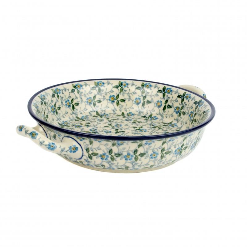 Round Oven Dish With Handles - Periwinkle/Blue & Yellow Flowers - 21.5cms - 0419-2089X - Polish Pottery