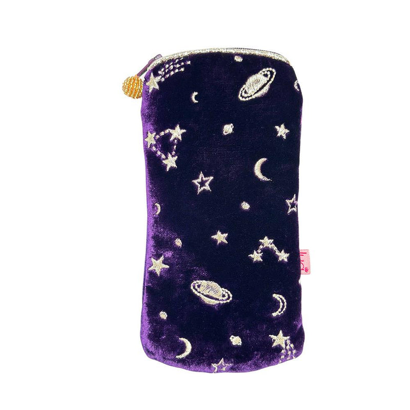 Lua - Velvet Spectacle/Glasses Case - Embroidered Moon & Stars - 10 x 20cms - Purple/Gold