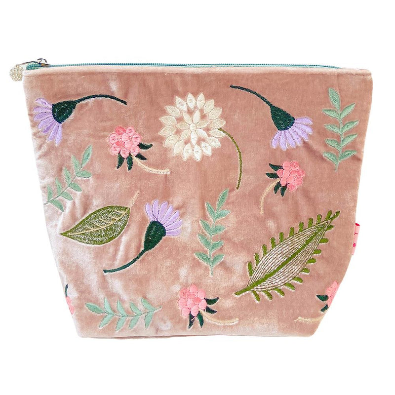 Lua - Large Velvet Cosmetic Make Up Bag/Purse - Folk Garden Flowers - 19 x 24cms - Dusky Pink