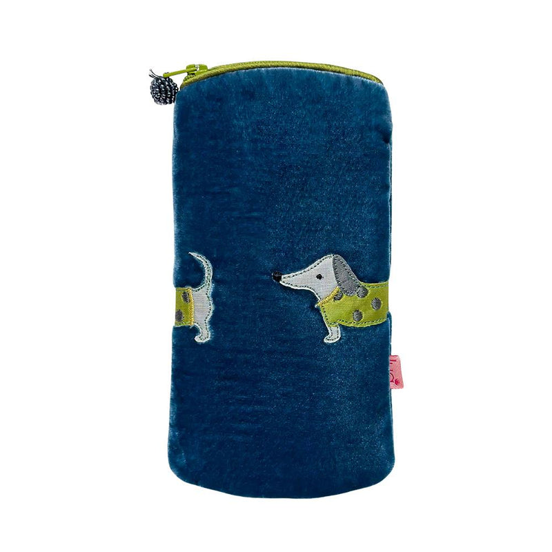 Lua - Velvet Spectacle/Glasses Case - Appliqued Sausage Dog - 9.5 x 19cms - Teal Blue/Green Dog