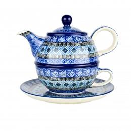 Tea Pot/Cup/Saucer - Tea Set For One - Blue Mosaics - C01-1917X - Polish Pottery