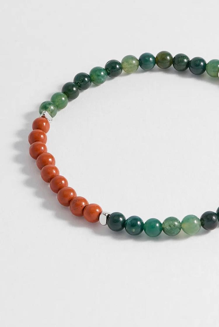 Green Moss Agate & Red Jasper Gemstone(4mm) & Stainless Steel Beaded Bracelet - Bartlett For Men