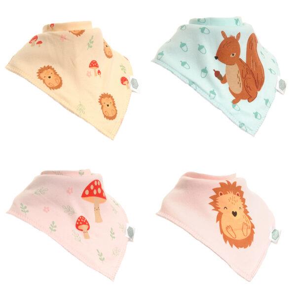 Woodland - Squirrels/Hedgehogs/Toadstools - Absorbant Bandana Dribble Bibs - Pack of 4 - Suitable From Birth - Ziggle