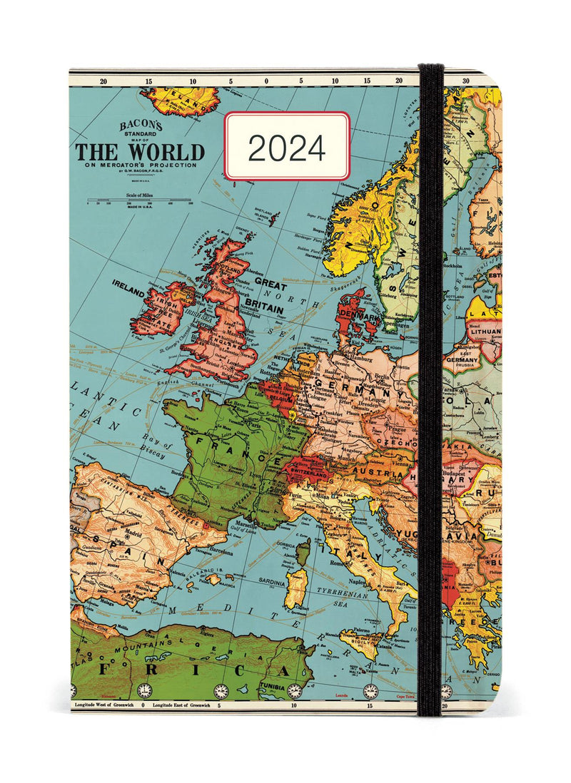 Cavallini 2024 Diary - The World/Vintage Map - 4x6ins - Week At A Glance Layout - Elastic Enclosure