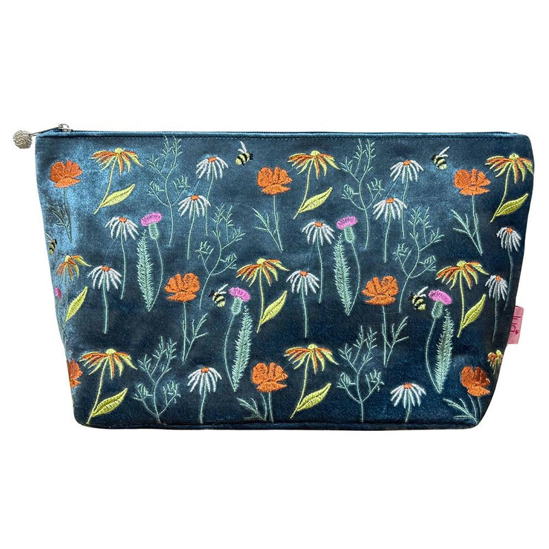 Lua - Extra Large Velvet Cosmetic Make Up Bag/Purse - Meadow Flowers - 18 x 14cms - Dark Blue