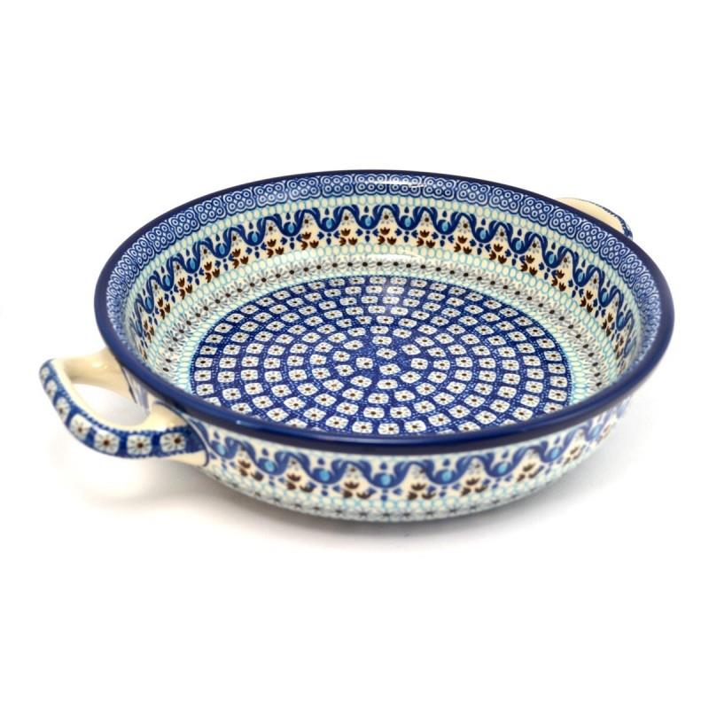 Round Oven Dish With Handles - Blue Squares & Flowers - 26cms - 0420-1026X - Polish Pottery