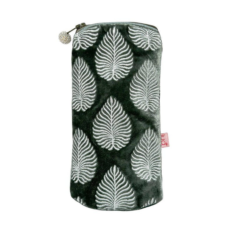 Lua - Velvet Spectacle/Glasses Case - Embroidered Leaf - 10 x 20cms - Dark Sage Green/Light Grey Leaves