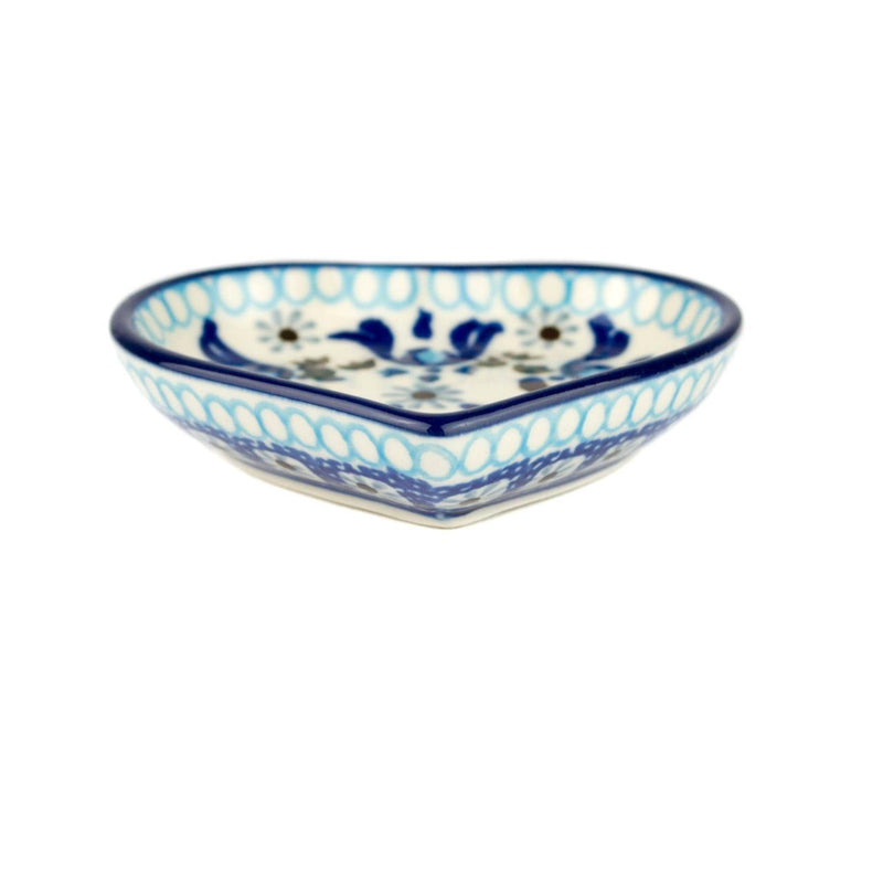 Mini Heart Dish - Blue Squares & Flowers - B64-1026X - Polish Pottery