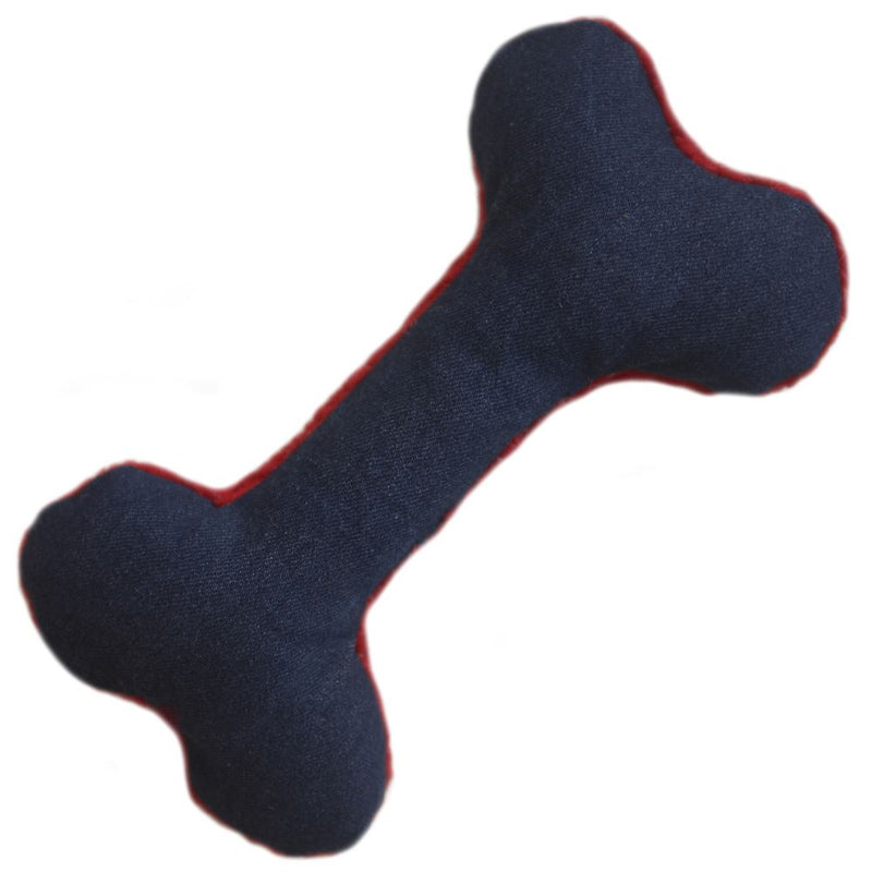 Creature Clothes - Squeakless Bone Baby Toy/Cushion - Handmade in the UK - Blue Denim/Red Fleece
