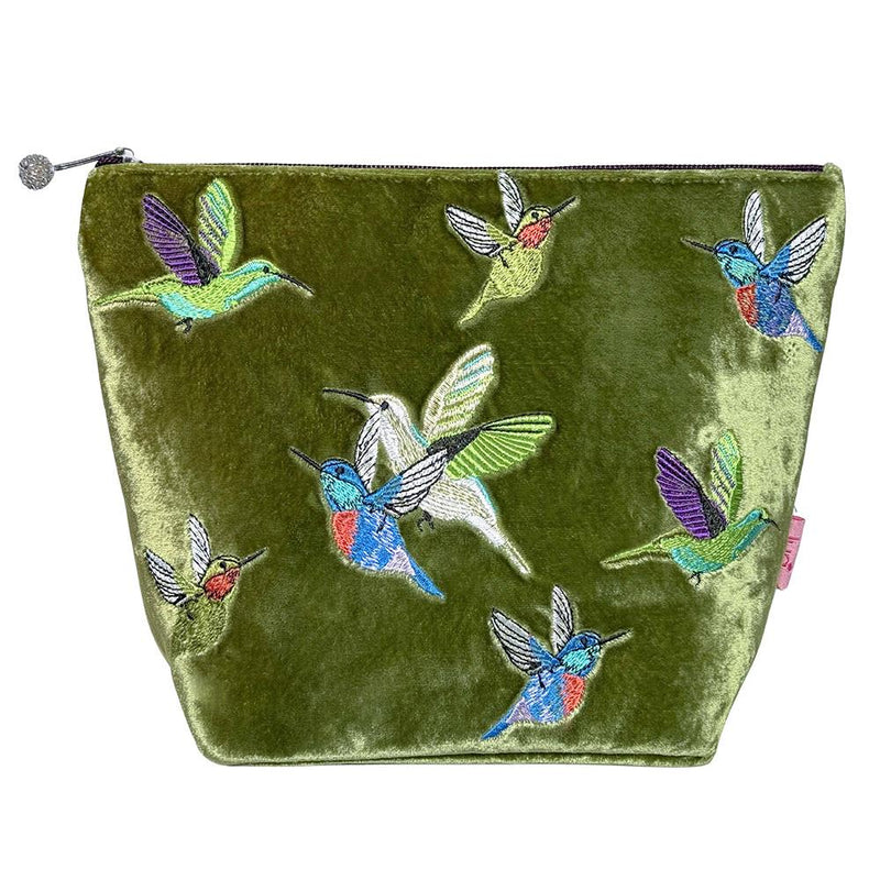 Lua - Large Velvet Cosmetic Make Up Bag/Purse - Hummingbirds - 19 x 24cms - Olive Green