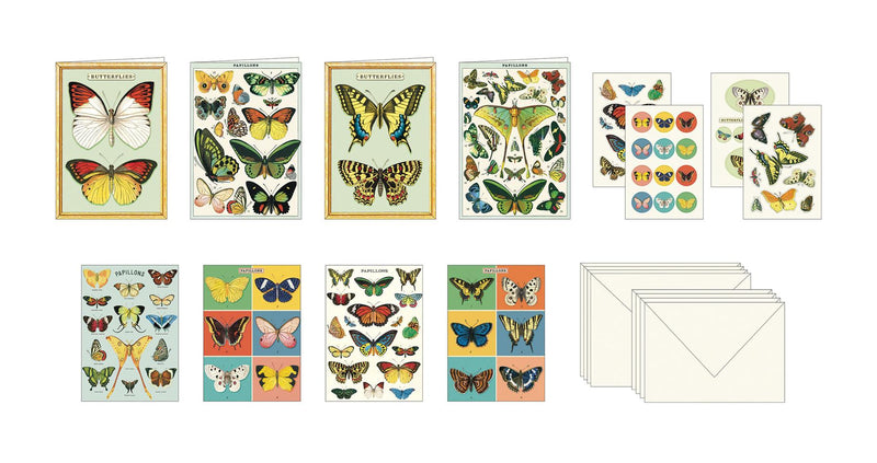 Cavallini - Butterflies/Papillons Stationery Set -  8 Flat Cards, 8 Folded Cards, 16 Envelopes & 4 Sticker Sheets