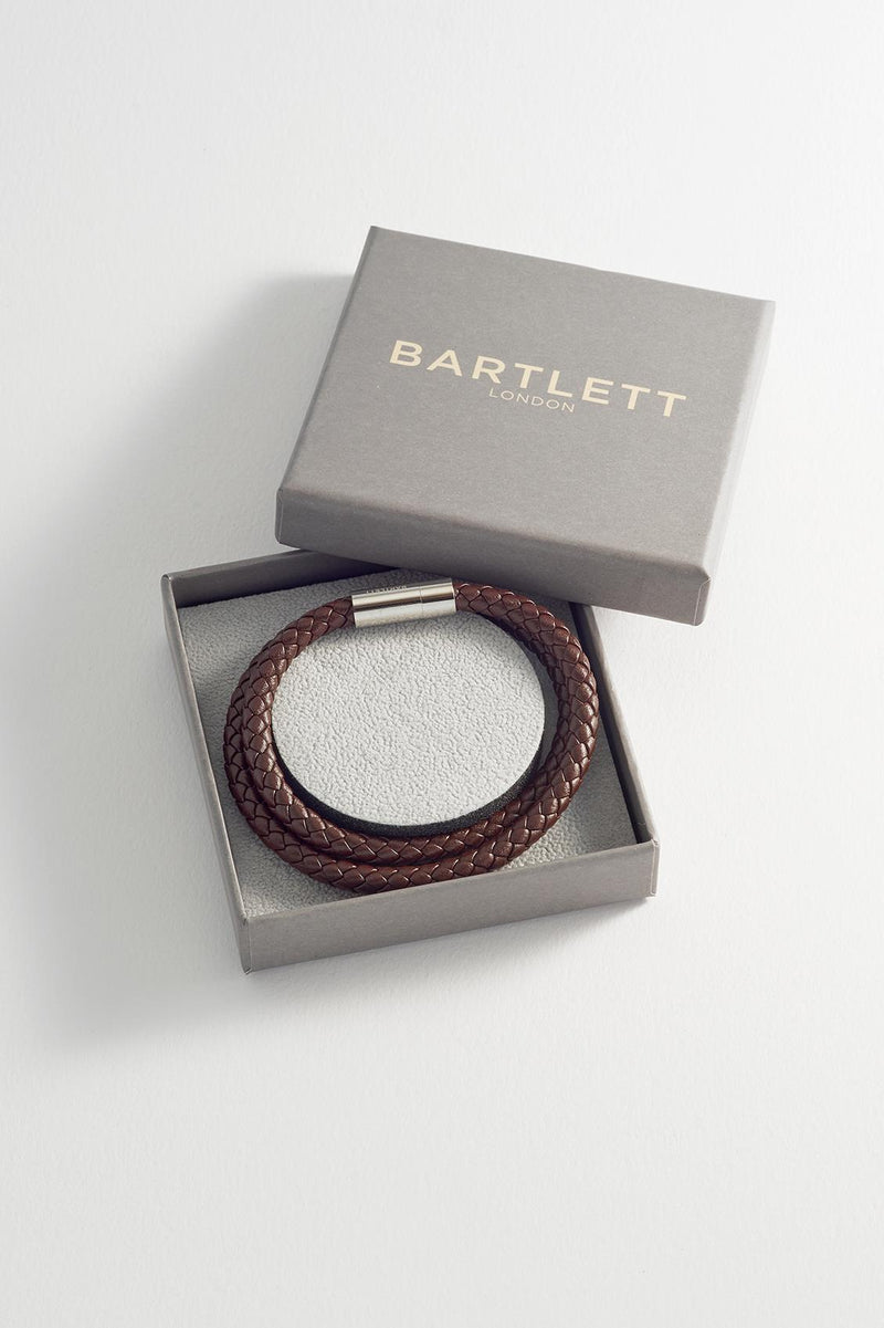 Double Wrap Plaited Leather & Stainless Steel Bracelet - Brown - Gift Boxed - Bartlett For Men