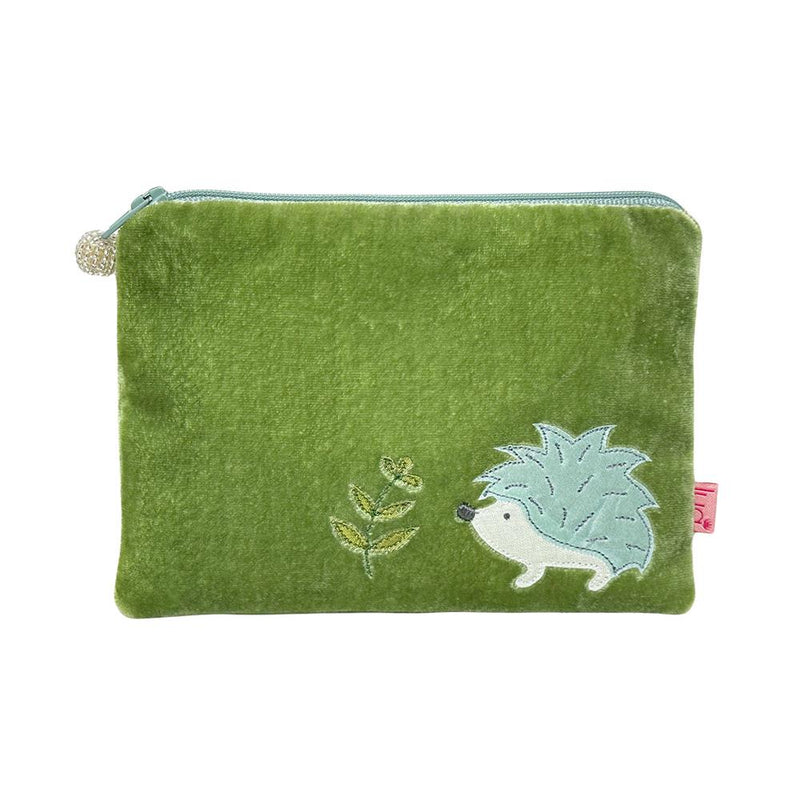 Lua - Velvet Coin Purse - Appliqued Hedgehog - 11 x 16cms - Olive Green/Turquoise Zip