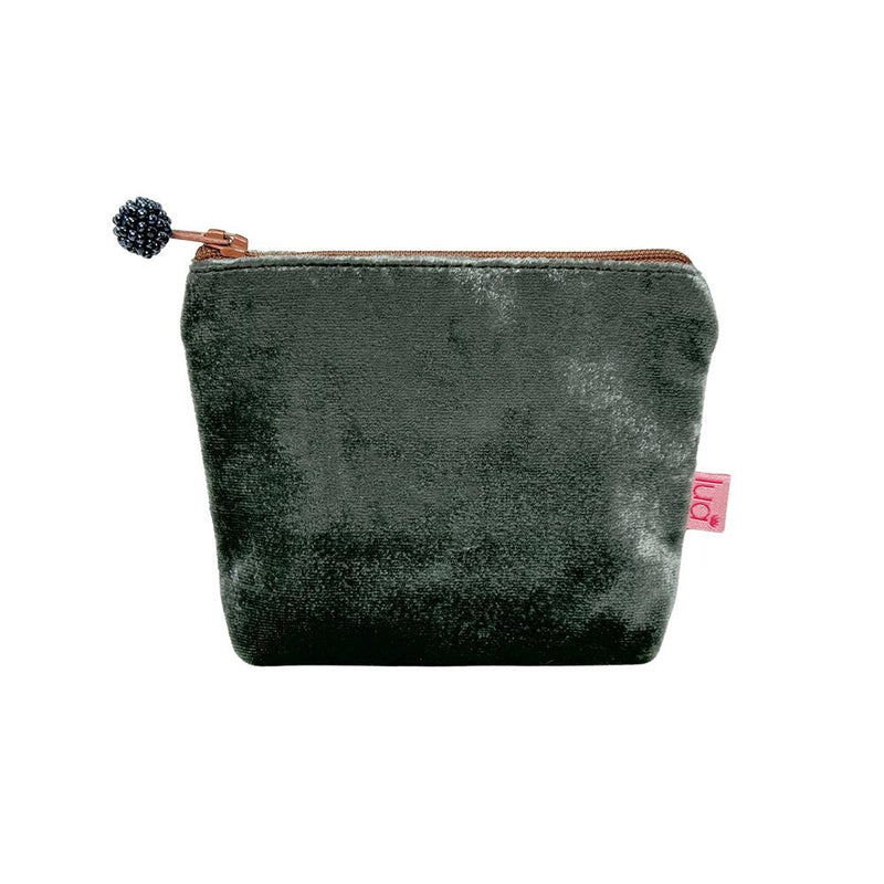 Lua - Velvet Mini Coin Purse  9 x 11cms - Dark Sage Green/Brown Zip