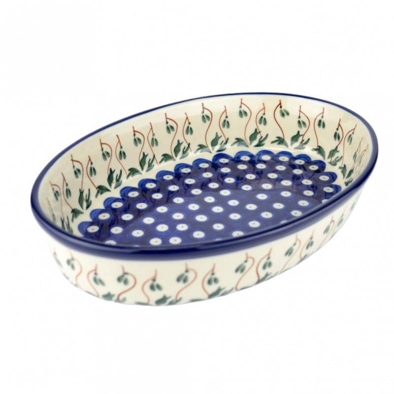 Oval Dish - Blue Dots With Green Mistletoe - 27x19.5x6cms - 0298-0377BX - Polish Pottery