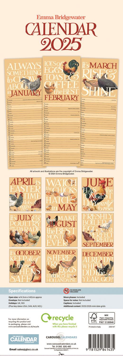 Emma Bridgewater - 2025 Wall Calendar - Month To View - Rise & Shine Chickens