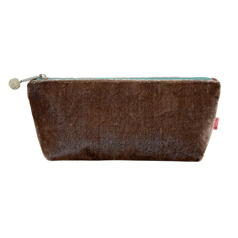 Lua - Velvet Slim Cosmetic Purse/Pencil Case 22 x 10cms - Mink Brown/Light Blue Zip