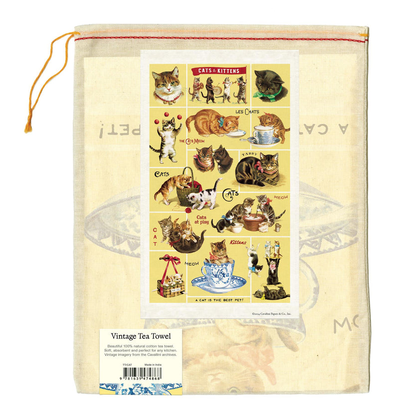 Cavallini - 100% Natural Cotton Vintage Tea Towel - 80 x 47cms - Cats & Kittens