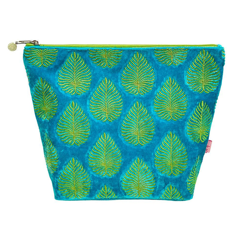 Lua - Large Velvet Cosmetic Make Up Bag/Purse - Embroidered Leaf - 19 x 24cms - Aqua Blue/Yellow Leaves