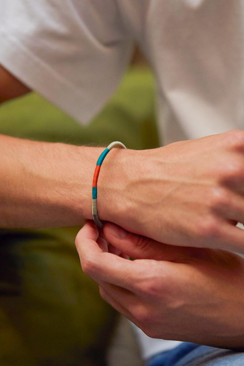 Woven Thread Wrap & Stainless Steel Bracelet - Grey, Green & Orange - Gift Boxed - Bartlett For Men