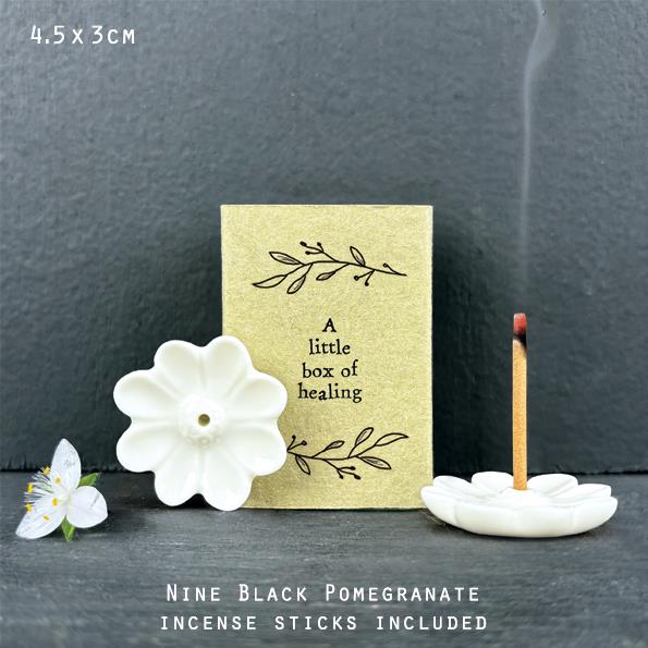 Matchbox - A Little Box Of Healing - 9 Black Pomegranite Incense Stickers & Burner - East Of India