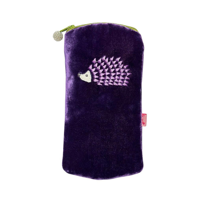 Lua - Velvet Spectacle/Glasses Case - Embroidered Hedgehog - 9.5 x 19.5cms - Dark Purple & Light Purple