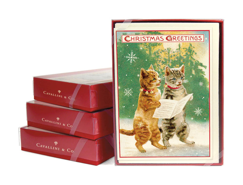 Cavallini - 10 x Glitter Greetings Christmas Cards/Notes - Christmas Cats