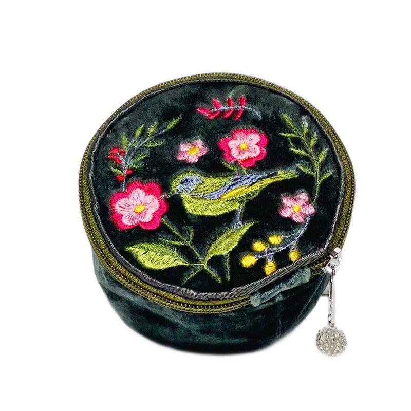 Lua - Round Velvet Jewellery Pouch - Greenfinch Bird & Flowers - Dark Sage Green - 11x11x5.5cms