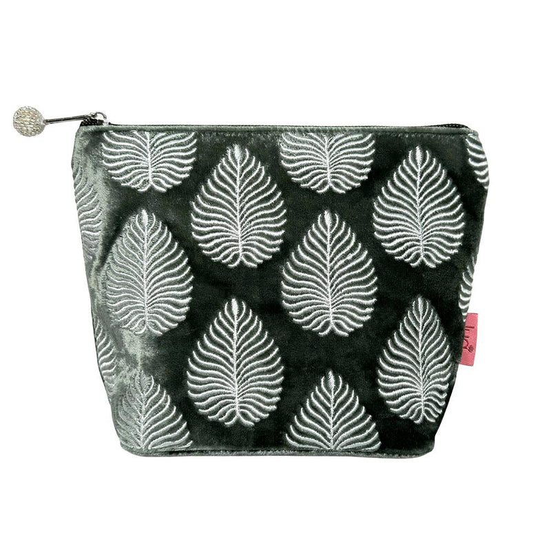 Lua - Velvet Cosmetic Make Up Bag/Purse - Embroidered Leaf - 18 x 14cms - Dark Sage Green/Light Grey Leaves