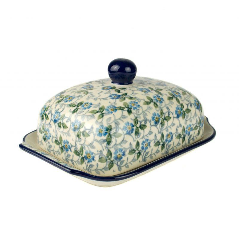 Butter Dish - Periwinkle/Blue & Yellow Flowers - 0295-2089X - 9 x 17 x 13cms - Polish Pottery