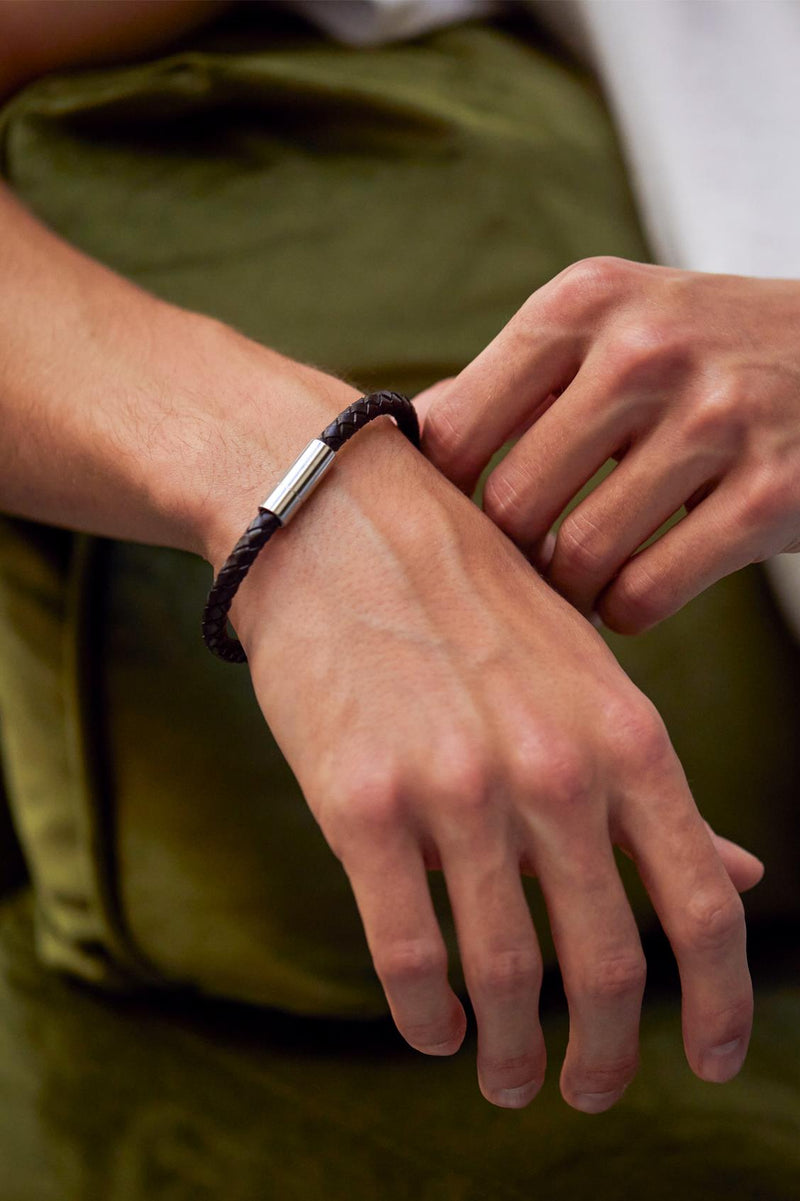 Plaited Leather & Stainless Steel Bracelet - Dark Brown - Gift Boxed - Bartlett For Men