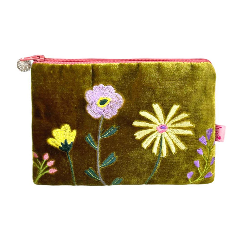 Lua - Velvet Coin Purse - Embroidered Wildflowers - 11 x 16cms - Golden Yellow/Pink Zip