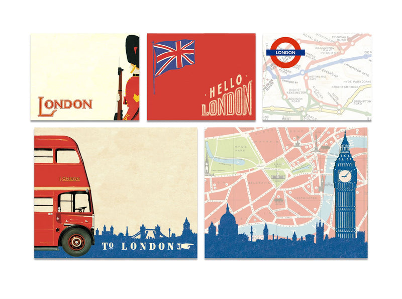 Cavallini - Tin of Sticky Notes/Memos - Vintage London - 5 Note Pads/60 sheets per pad