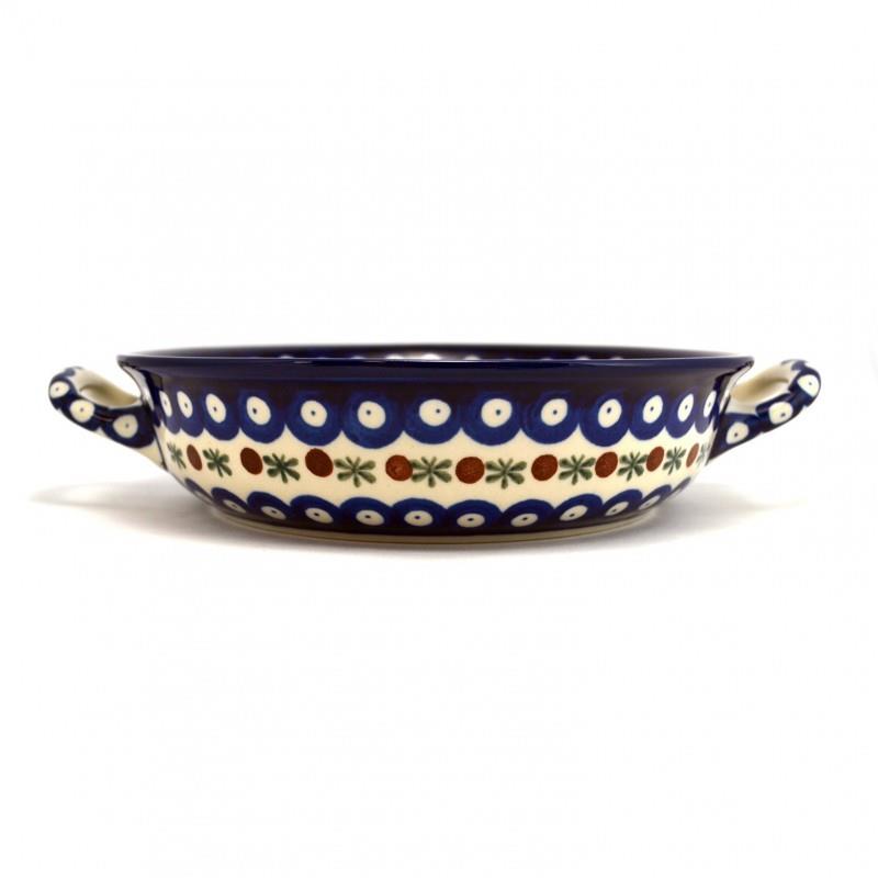 Round Oven Dish With Handles - Flower Tendril/Blue With Red & White Spots - 21.5cms - 0419-0070X - Polish Pottery