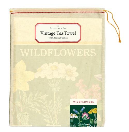 Cavallini - 100% Natural Cotton Vintage Tea Towel - 80 x 47cms - Wildflowers (Dark Green)