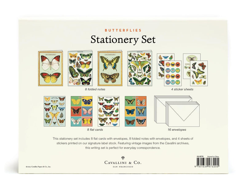 Cavallini - Butterflies/Papillons Stationery Set -  8 Flat Cards, 8 Folded Cards, 16 Envelopes & 4 Sticker Sheets