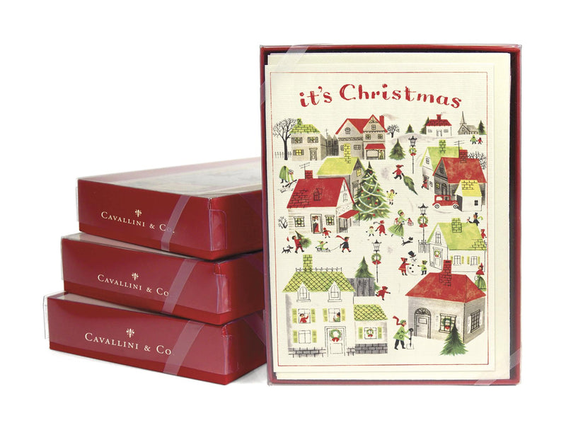 Cavallini - 10 x Glitter Village Christmas Cards/Notes - It&