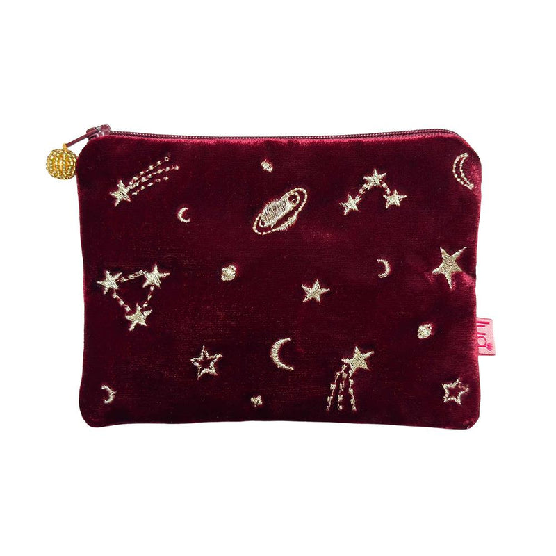 Lua - Velvet Coin Purse - Embroidered Moon & Stars - 11 x 16cms - Dark Red/Gold